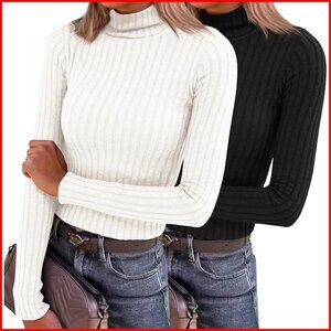 Long Sleeve Turtleneck Thermal Top Lightweight Pullover Stretchy Ribbed Knit